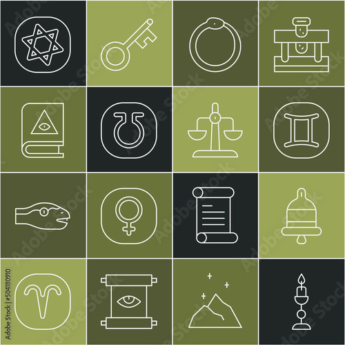 Set line Burning candle, Ringing alarm bell, Gemini zodiac, Ouroboros, Life, Ancient magic book, Tarot cards and Libra icon. Vector
