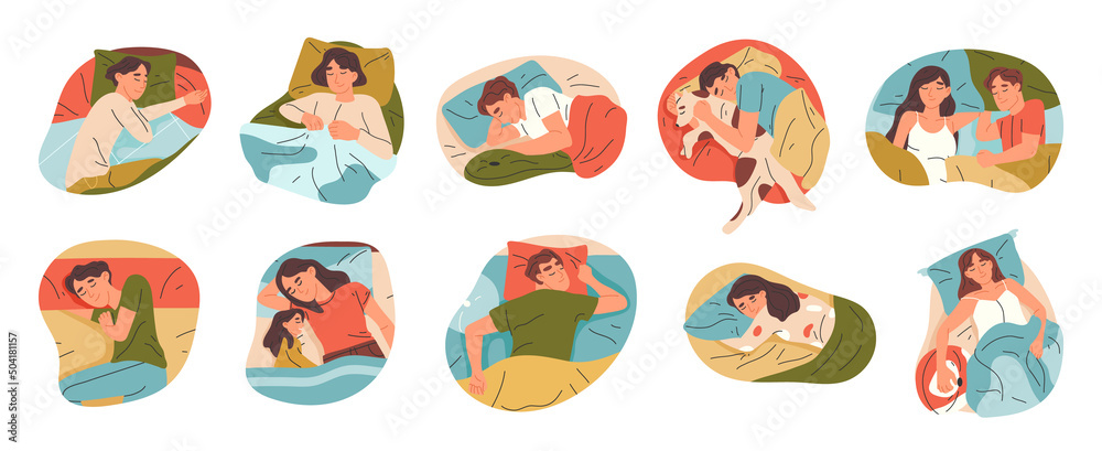 Fototapeta premium Sleeping humans, cartoon people in beds, resting, bedtime scenes. Couples, families and alone males and females sleeping in beds vector illustration set. Asleep characters collection