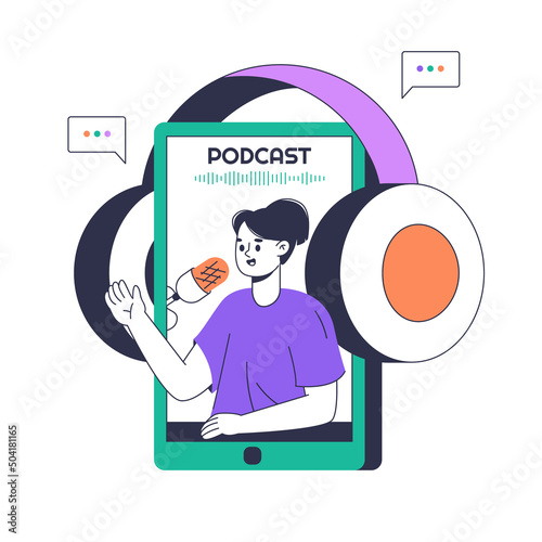 Audio podcast recording female character. Podcast radio host, outline interview talk show flat vector symbols illustration. Podcast interview recording