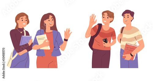 Cheerful students, girls and boys waving their hands. Classmates standing together with books and backpacks, chatting happy young people cartoon vector illustration. Smiling teenagers