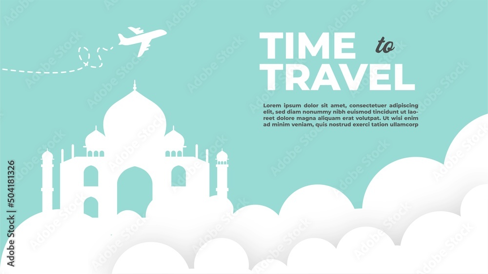 Time to travel poster with famous attractions vector illustration. Vector illustration