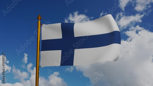 National flag of Finland waving 3D Render with flagpole and blue sky timelapse, Suomen lippu or Finlands flagga and Siniristilippu used Nordic cross, Finnish flag has Scandinavian cross. 4k footage photo