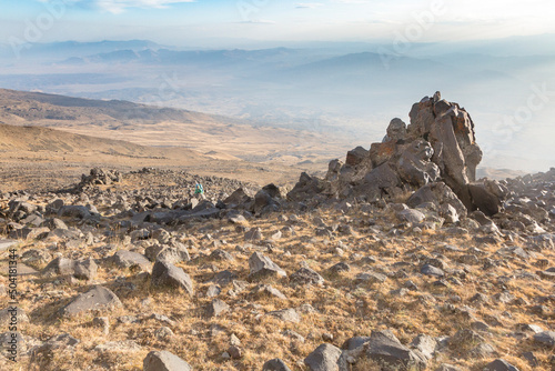 Tourist hikes on Serdarbulak lava plateau near the peaks of Greater Ararat, Eastern Anatolia Region, Turkey