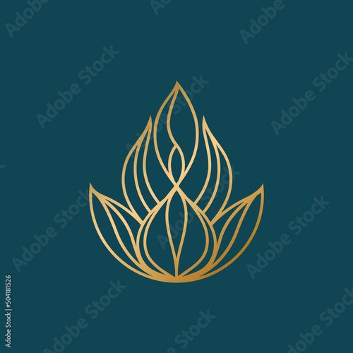 Lotus flower. Yoga, mindfulness, relaxation, meditation logo isolated on dark fund. Beauty and spa icon. Elegant, luxury style plant illustration. Natural, healthy lifestyle golden symbol.