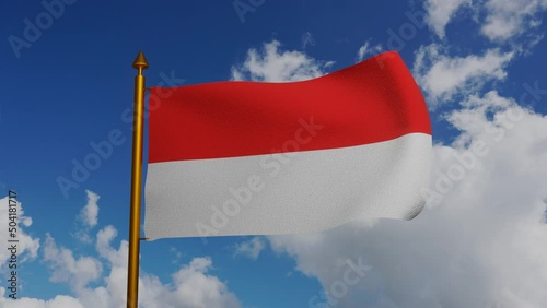 National flag of Indonesia waving 3D Render with flagpole and blue sky timelapse, Republic of Indonesia flag textile designed by Fatmawati, coat of arms Indonesia independence day. High quality 4k photo