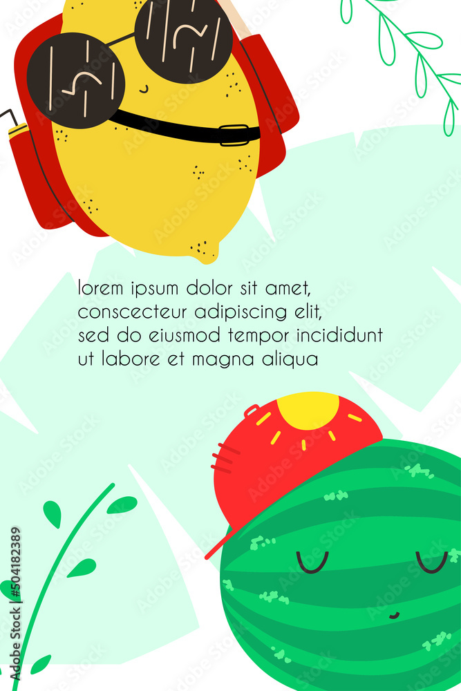 Summer flyer with fruit characters. Vector illustration in flat style