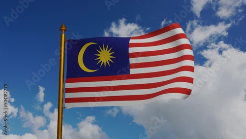 National flag of Malaysia waving 3D Render with flagpole and blue sky timelapse, Republic of Malaysia flag textile or Jalur Gemilang, Malaysian coat of arms Malaysia independence day. High quality 4k photo