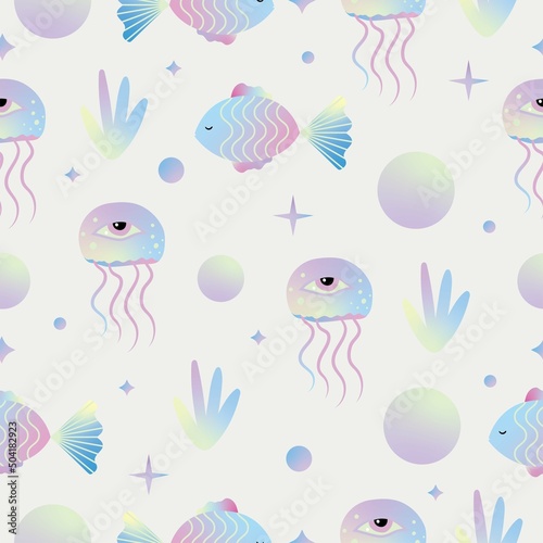 Trippy Iridescent Seamless Pattern Design with Fish © Pixejoo
