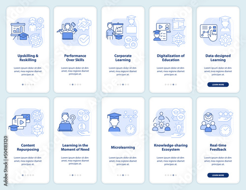 In demand competencies light blue onboarding mobile app screen set. Walkthrough 5 steps graphic instructions pages with linear concepts. UI, UX, GUI template. Myriad Pro-Bold, Regular fonts used