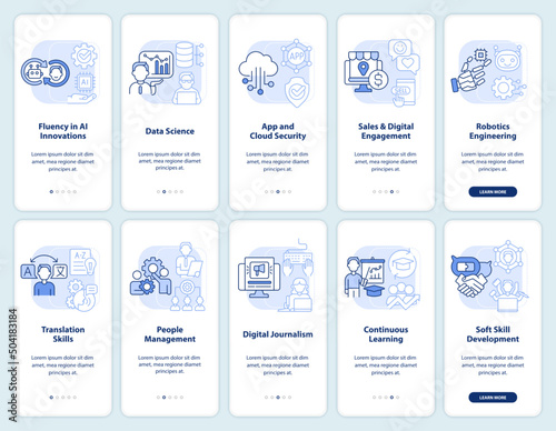 Tech skills and courses light blue onboarding mobile app screen set. Walkthrough 5 steps graphic instructions pages with linear concepts. UI, UX, GUI template. Myriad Pro-Bold, Regular fonts used