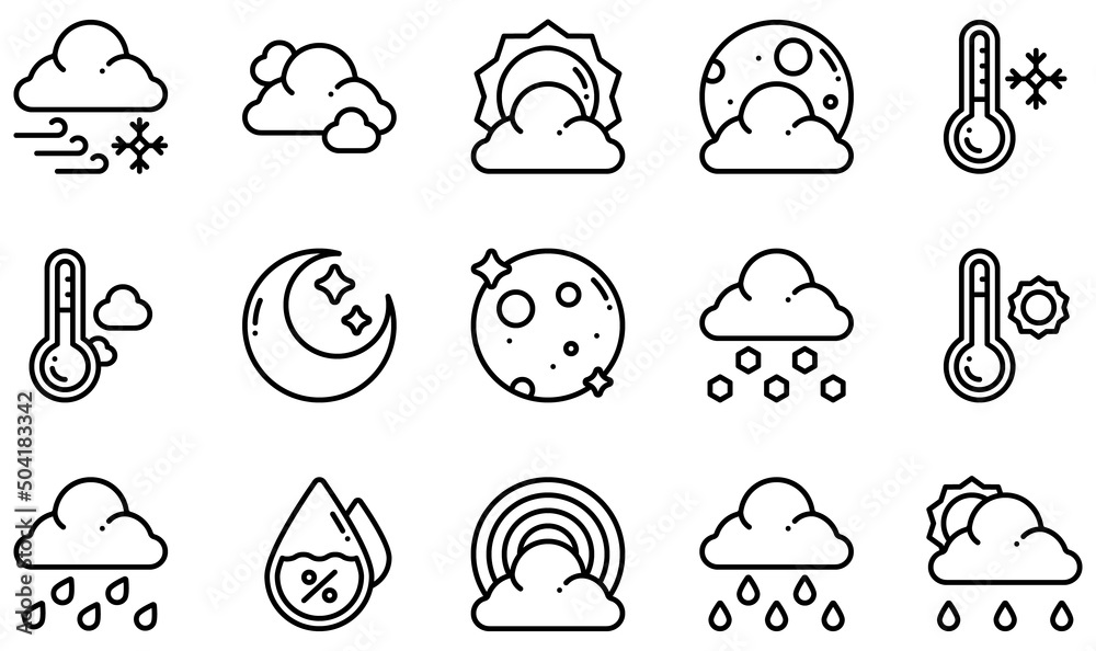 Obraz premium Set of Vector Icons Related to Weather. Contains such Icons as Blizzard, Cloud, Cloudy Day, Cloudy Night, Cold, Cool and more.