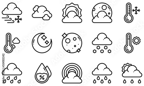 Set of Vector Icons Related to Weather. Contains such Icons as Blizzard, Cloud, Cloudy Day, Cloudy Night, Cold, Cool and more.