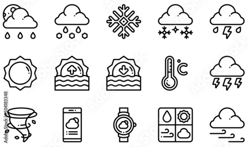 Set of Vector Icons Related to Weather. Contains such Icons as Sleet, Snowy, Storm, Sunrise, Sunset, Thunderstorm and more.