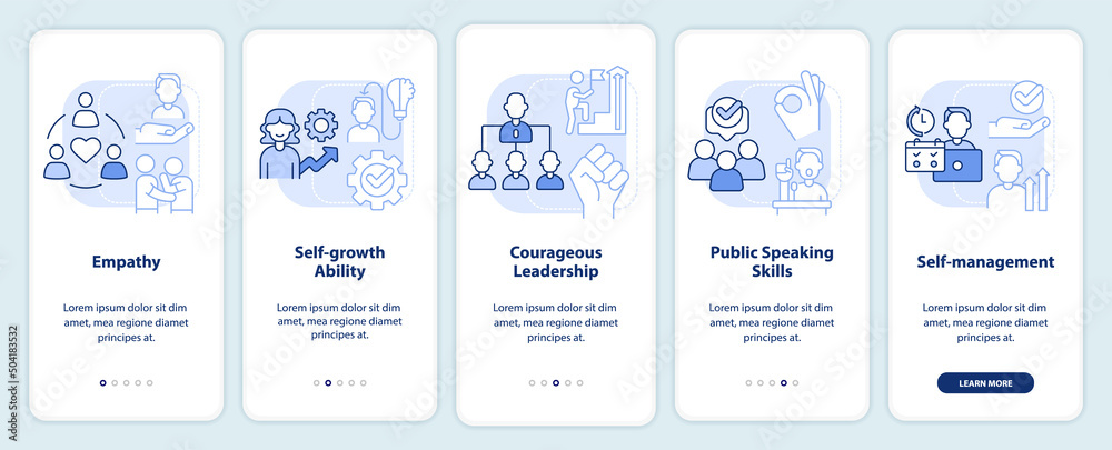Trendy soft skills light blue onboarding mobile app screen. Self growth walkthrough 5 steps graphic instructions pages with linear concepts. UI, UX, GUI template. Myriad Pro-Bold, Regular fonts used