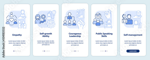 Trendy soft skills light blue onboarding mobile app screen. Self growth walkthrough 5 steps graphic instructions pages with linear concepts. UI, UX, GUI template. Myriad Pro-Bold, Regular fonts used