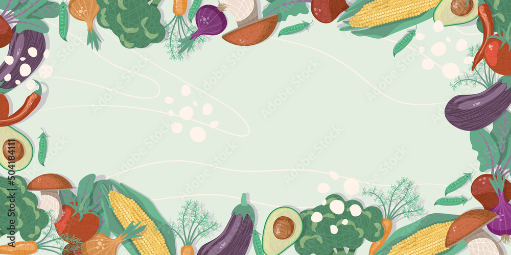 Obraz premium Vector framing assortment of fresh organic vegetables avocado, broccoli, green pea pods, corn, mushrooms, onions, beet on light background, close up. Place for text. Banner, landing page.