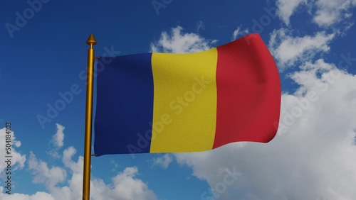 National flag of Romania waving 3D Render with flagpole and blue sky timelapse, Republic of Romania flag textile or drapelul Romaniei, coat of arms Romania independence day, Romanian flag. 4k footage photo