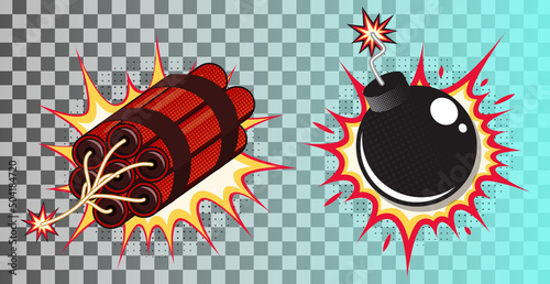 Set of comic style bomb and dynamite. Vector illustration
