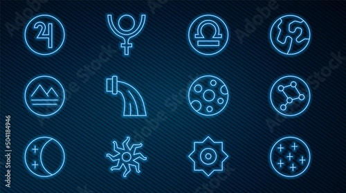Set line Full moon, Great Bear constellation, Libra zodiac, Aquarius, Earth element, Symbol Jupiter, and Pluto icon. Vector