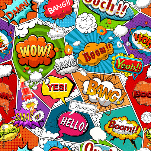 Comic book page divided by lines seamless pattern with speech bubbles and rocket. Vector illustration
