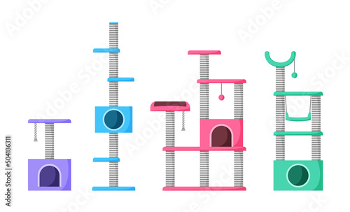 Cat trees and scratching posts set. Cat playground with claw sharpeners. Pet tower with rope posts. Supplies and accessories for domestic pets. Flat style vector