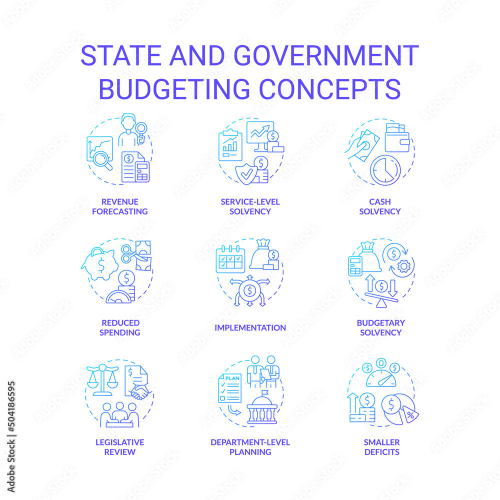 State and government budgeting blue gradient concept icons set. Financial program for country idea thin line color illustrations. Isolated symbols. Roboto-Medium, Myriad Pro-Bold fonts used