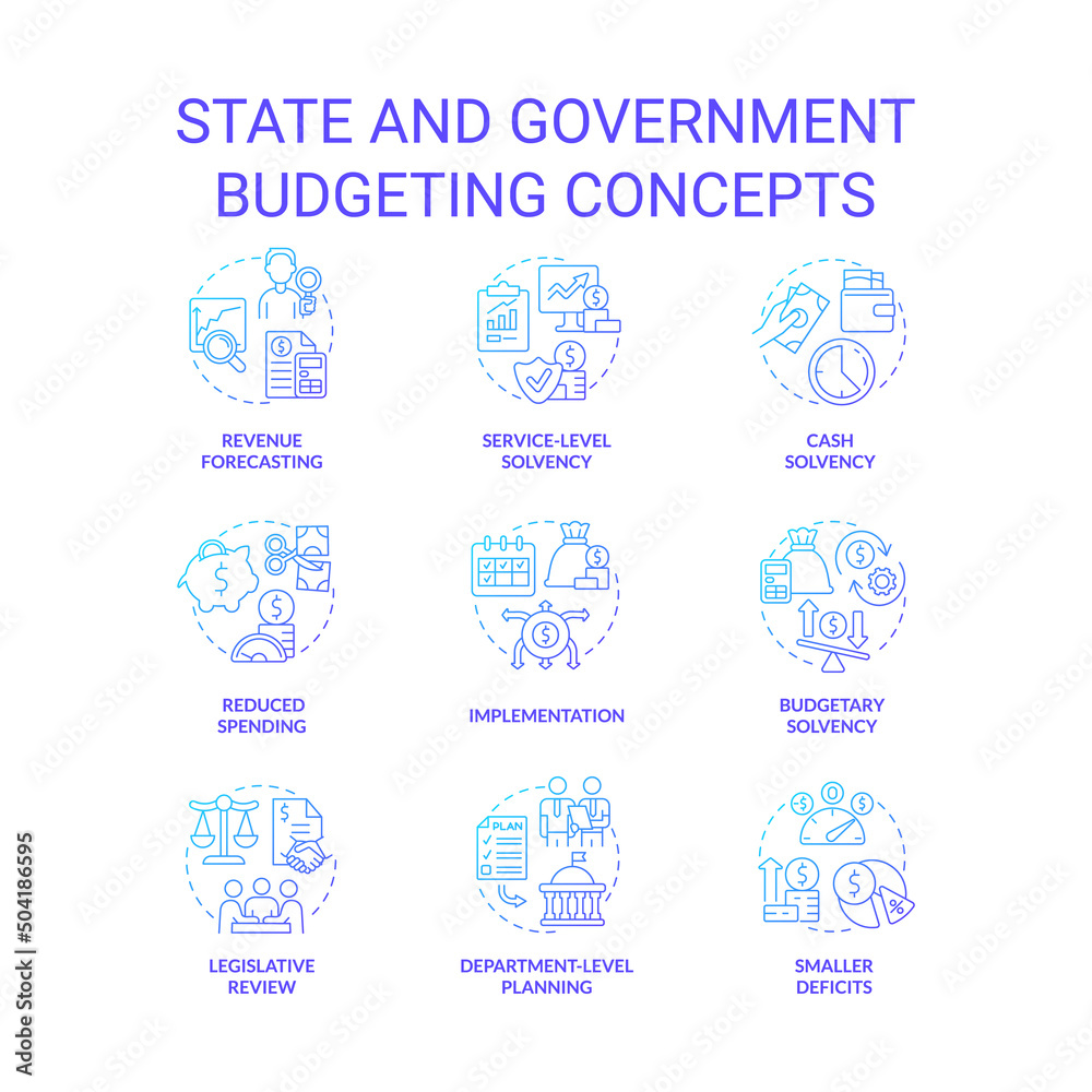 State and government budgeting blue gradient concept icons set. Financial program for country idea thin line color illustrations. Isolated symbols. Roboto-Medium, Myriad Pro-Bold fonts used State and government budgeting blue gradient concept icons set. Financial program for country idea thin line color illustrations. Isolated symbols. Roboto-Medium, Myriad Pro-Bold fonts used