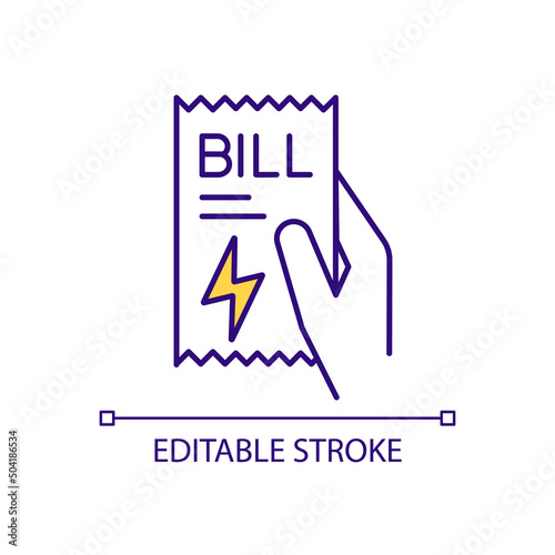 Check electricity bill RGB color icon. Monthly payment. Essential service. Paying for energy. Utility bill. Isolated vector illustration. Simple filled line drawing. Editable stroke. Arial font used