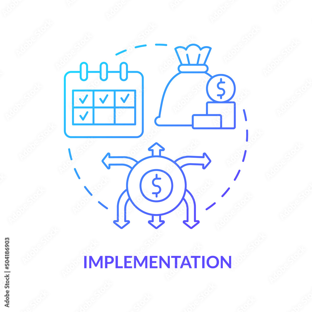 Implementation blue gradient concept icon. Amended financial plan. Government budgeting process abstract idea thin line illustration. Isolated outline drawing. Myriad Pro-Bold font used