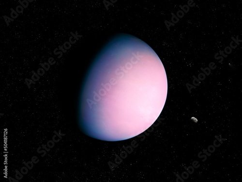 Distant super-earth planet. Mysterious planet is covered with thick clouds. Exoplanet with asteroid in space. 