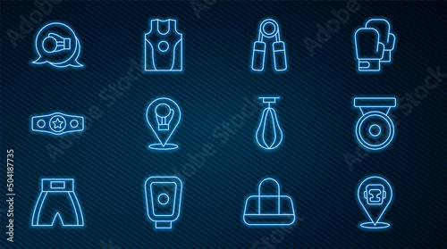 Set line Boxing helmet, gong, Sport expander, glove, belt, Punching bag and jersey t-shirt icon. Vector