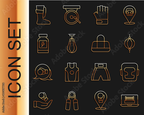 Set line Boxing ring, helmet, Punching bag, MMA glove, Energy drink, Sport boxing shoes and icon. Vector