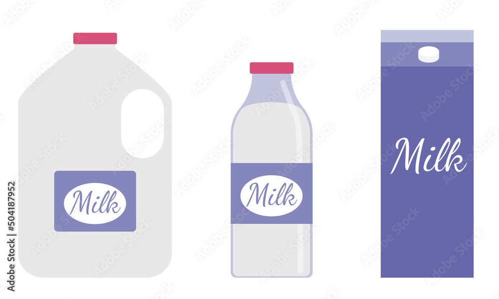 Set of plastic, glass and cardboard packages with milk. Product is rich in calcium and healthy. Set of plastic, glass and cardboard packages with milk. Product is rich in calcium and healthy.