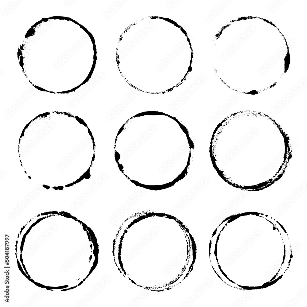 Set Neun Runde Tintenkreise Schwarz