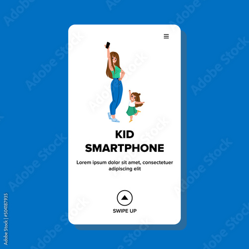 Girl Kid Want Playing Smartphone Device Vector. Mother Woman Holding Smartphone And Preschooler Child Asking For Give Electronic Gadget For Play Video Game. Characters Web Flat Cartoon Illustration