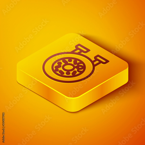 Isometric line Donut with sweet glaze icon isolated on orange background. Yellow square button. Vector