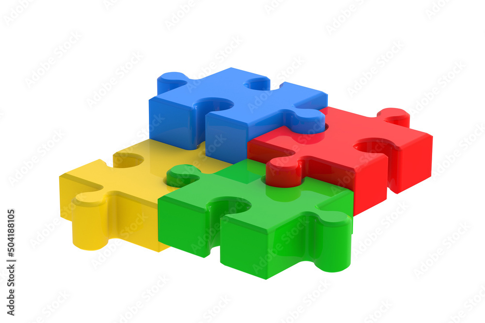 Colorful metallized puzzle jiggle pieces isolated on white background. 3d render Colorful metallized puzzle jiggle pieces isolated on white background. 3d render