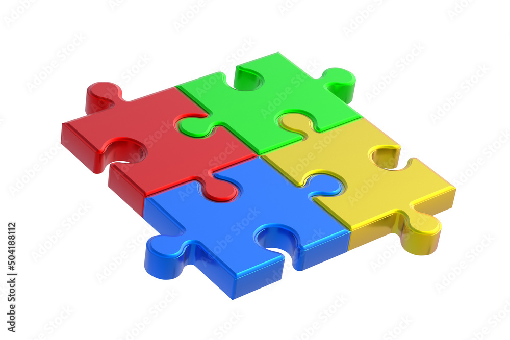 Colorful metallized puzzle jiggle pieces isolated on white background. 3d render Colorful metallized puzzle jiggle pieces isolated on white background. 3d render