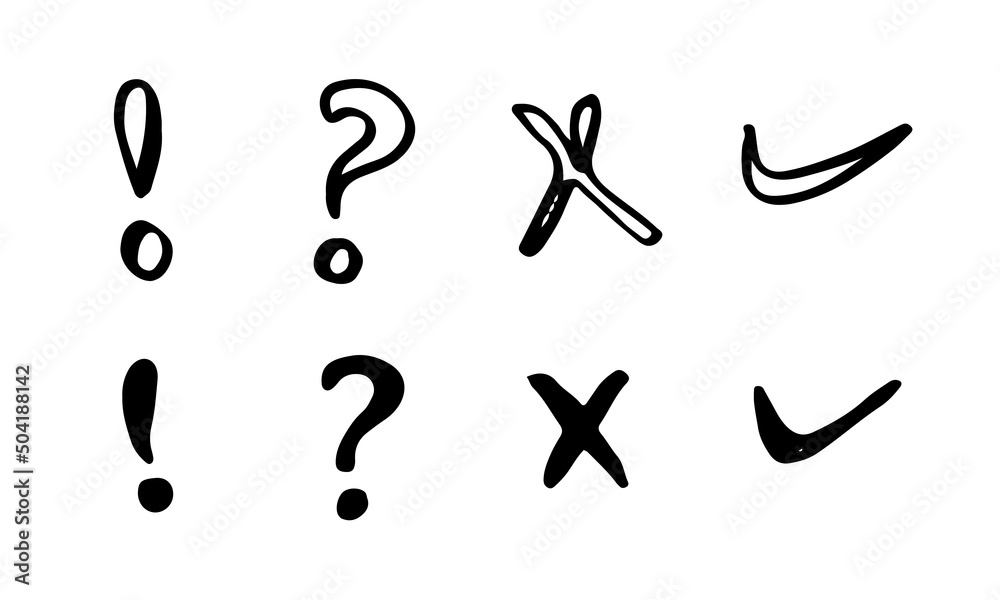 Image of exclamation mark icon and check mark icon in doodle style on white background.