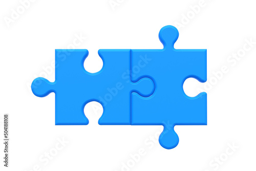 Two blue puzzle jiggle pieces isolated on white background. 3d render © OlekStock