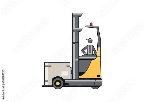 Line vector design of modern reach truck forklift with the operator and cargo.