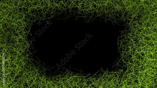 Green mesh frame on a black background. Dark background.
