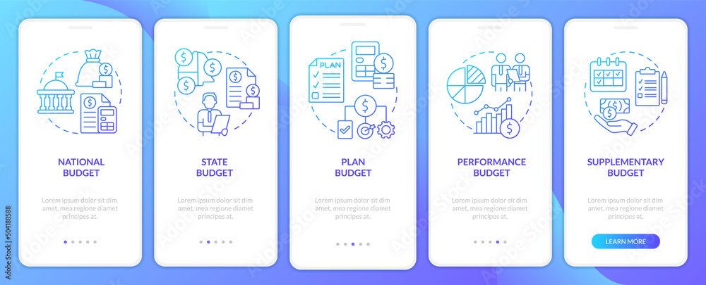Budget types blue gradient onboarding mobile app screen. Walkthrough 5 steps graphic instructions pages with linear concepts. UI, UX, GUI template. Myriad Pro-Bold, Regular fonts used