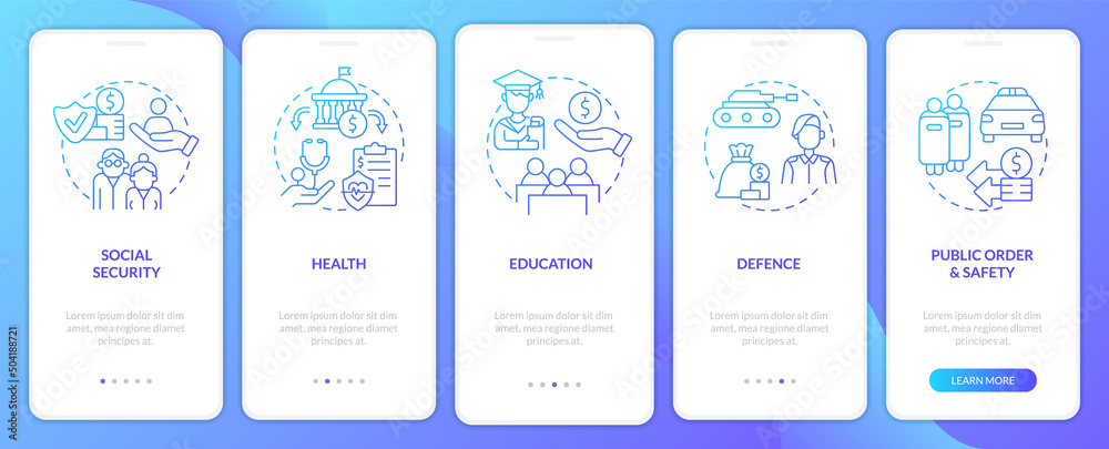 Budget expenditures blue gradient onboarding mobile app screen. Walkthrough 5 steps graphic instructions pages with linear concepts. UI, UX, GUI template. Myriad Pro-Bold, Regular fonts used