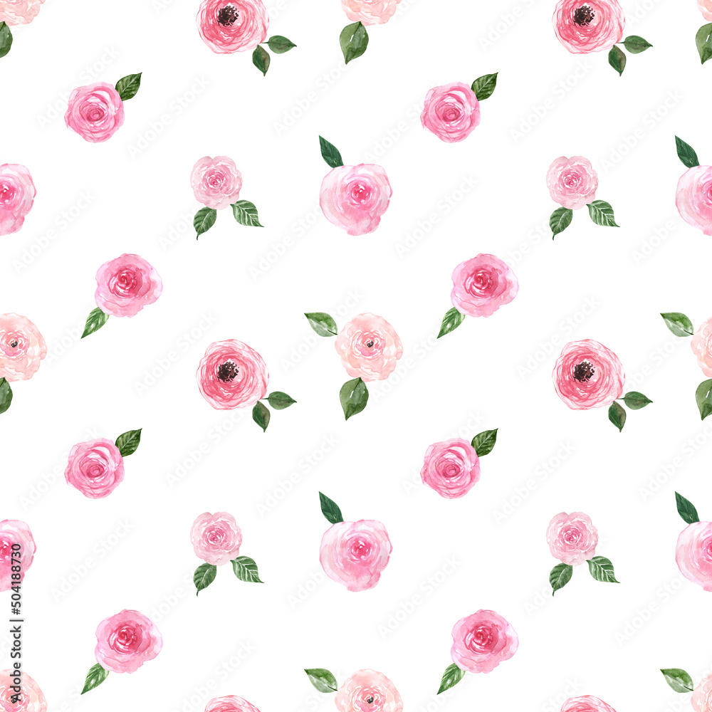 Pretty pink rose botanical print. Cute flowers seamless pattern. Watercolor hand-painted wallpaper. The backdrop for cards, and digital scrapbooking. Pretty pink rose botanical print. Cute flowers seamless pattern. Watercolor hand-painted wallpaper. The backdrop for cards, and digital scrapbooking.
