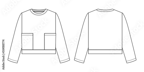 Fashion technical drawing of cropped sweatshirt with patch pockets.