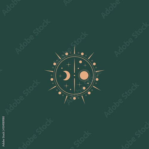 Moon, sun, stars. Geometric, linear art style. Trendy Vector illustration. Isolated round icon. Boho, esoteric, witchcraft, alchemy, mystic, abstract concept. Logo, avatar, poster, print template