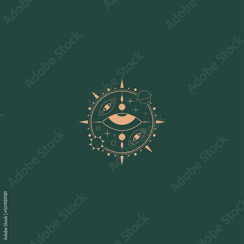 Sun, planet, stars, evil eye. Geometric, linear style. Vector illustration. Isolated round icon. Boho, esoteric, witchcraft, alchemy, mystic, abstract concept. Logo, avatar, poster, print template