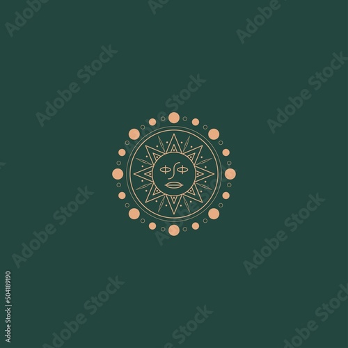 Sun with face. Geometric, ethnic, linear art style. Trendy Vector illustration. Isolated round icon. Boho, esoteric, witchcraft, alchemy, mystic, abstract concept. Logo, avatar, poster, print template