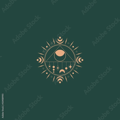 Evil Eye in pyramid, crescents. Geometric, linear style. Trendy Vector illustration. Isolated icon. Boho, esoteric, witchcraft, alchemy, mystic, abstract concept. Logo, avatar, poster, print template
